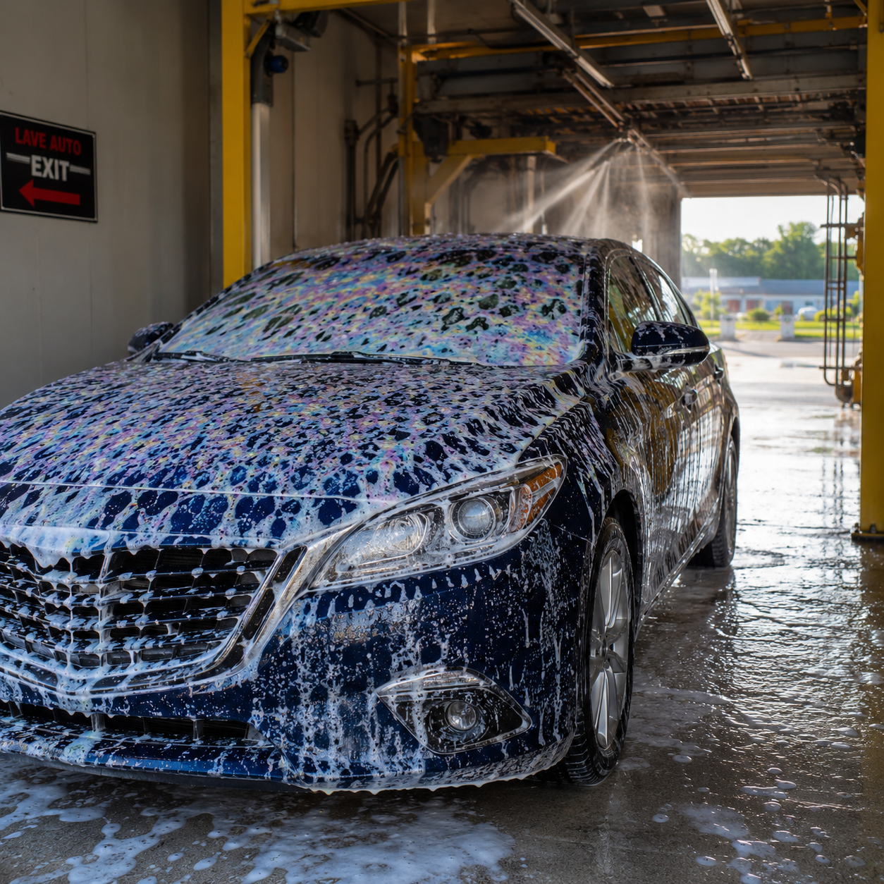 A navy sedan inside the Denny's tunnel covered in foam.