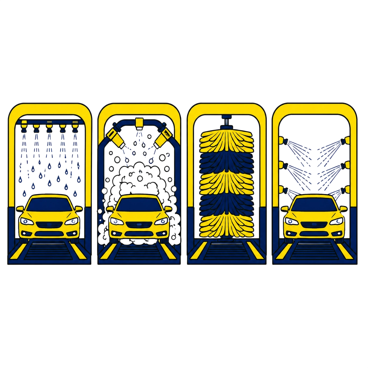 Pre-soak, foam, soft-cloth brushes, rinse — the four stages of the Denny's tunnel wash.