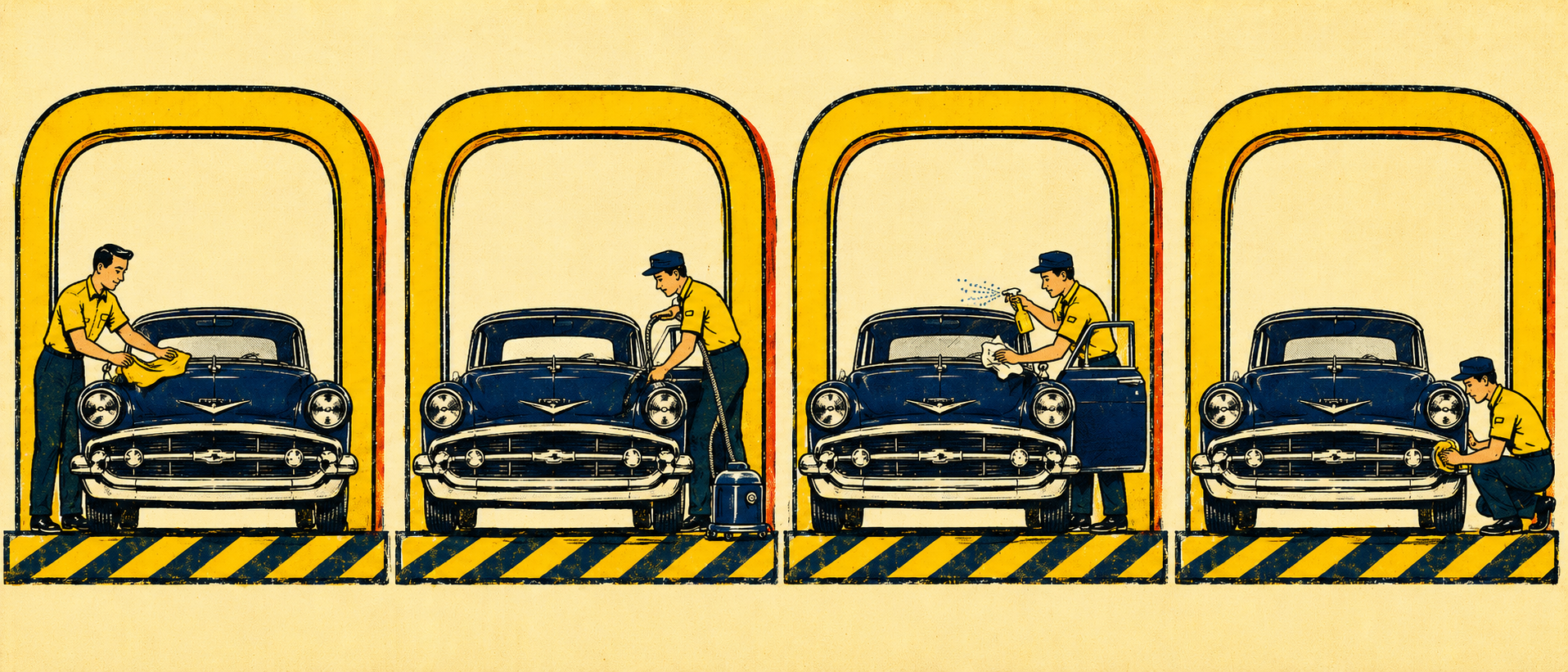 Attendants hand-drying a car with microfibre towels at the tunnel exit.