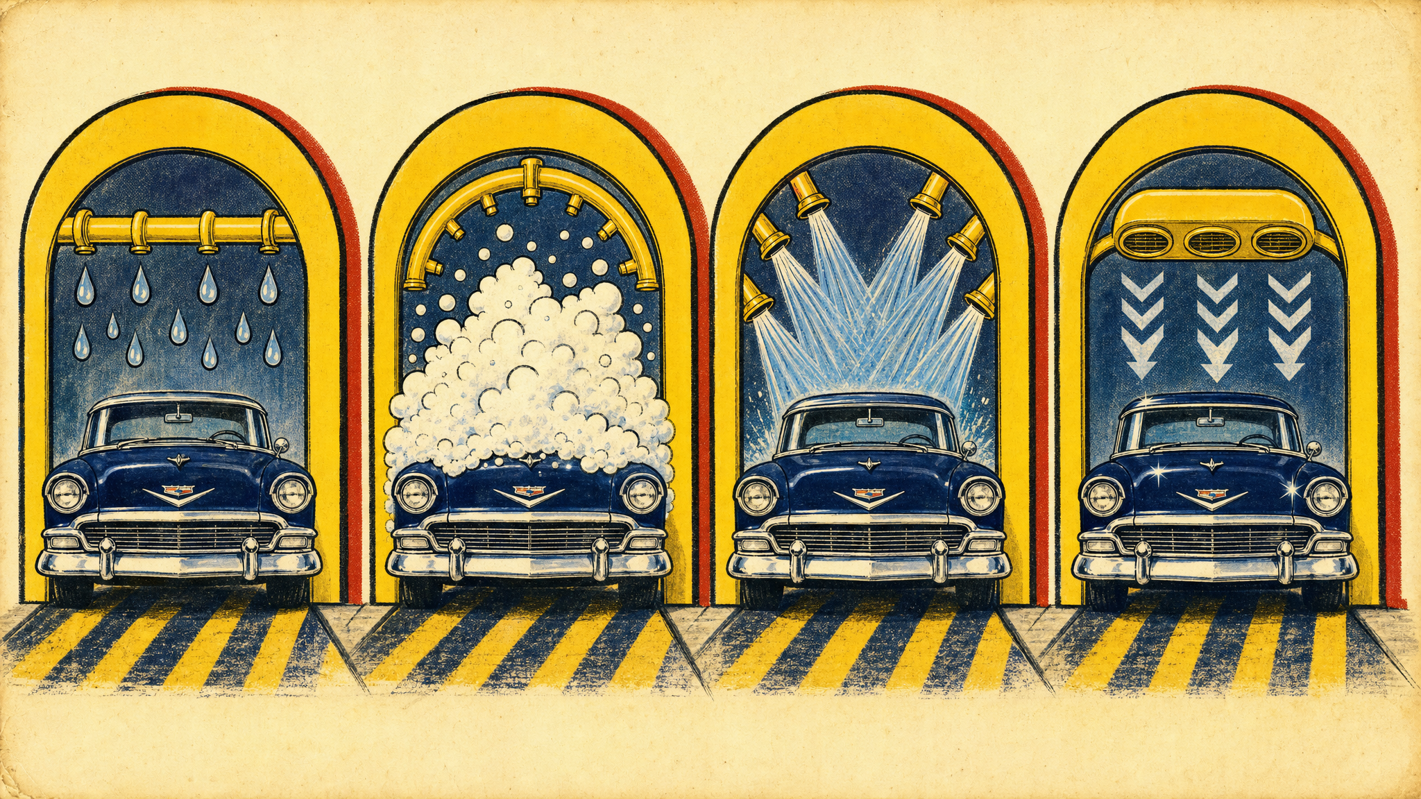 Pre-soak, triple-foam, high-pressure rinse, air-dry — the four touch-free stages of the Denny's tunnel wash.